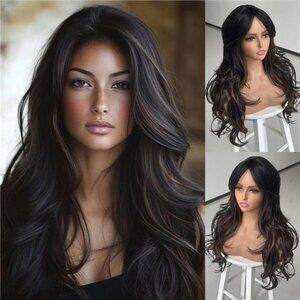 Highlight Honey Brown Layered Wavy Wig With Curtain Bangs
